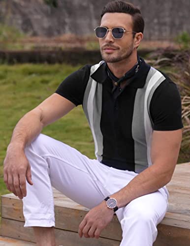 Coofandy Men's Vintage Stripe Knit Polo Shirts Short Sleeve Button Golf Sweater Shirts #TOP27