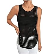 OYOANGLE Women's Striped Sheer Sports Tank Top Sleeveless Athletic Shirts Active Gym Tops Activewear