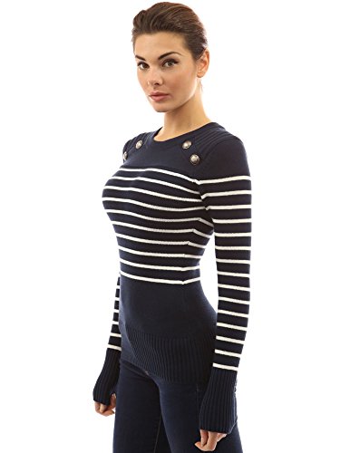 PattyBoutik Women Crewneck Striped Military Sweater (Navy Blue and Ivory X-Large) - Thumbnail 2