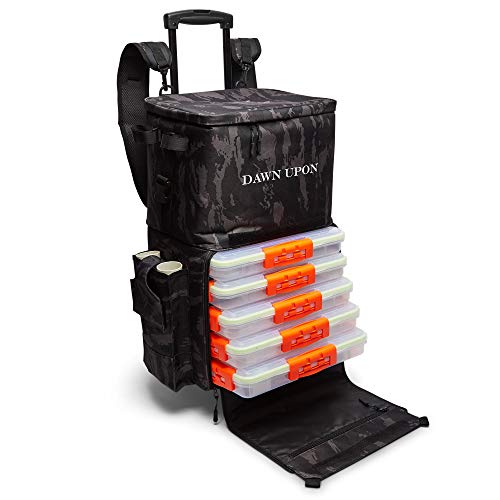 DAWN UPON Extra Large Rolling Fishing Backpack - Cooler Compartment - Fishing Rod Holder Customizable Tackle Box - Waterproof, Durable, Spacious - Camping, Hiking, Fishing - Gray Camo DAWN UPON Extra Large Rolling Fishing Backpack - Cooler Compartment - Fishing Rod Holder Customizable Tackle Box - Waterproof, Durable, Spacious - Camping, Hiking, Fishing - Gray Camo