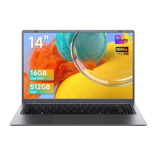 HYYUO 14 Inch Laptop, 16GB RAM 512GB SSD, FHD IPS Display, Lightweight