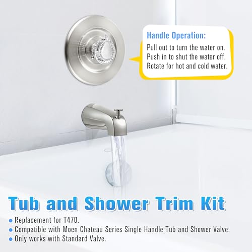 Image of Enhon Tub and Shower Trim Kit, Shower Trim Compatible with Moen Chateau T470 Single Handle Tub /Shower Standard Valve, Escutcheon Screws Tube and Handle(Brushed Nickel, Knob)