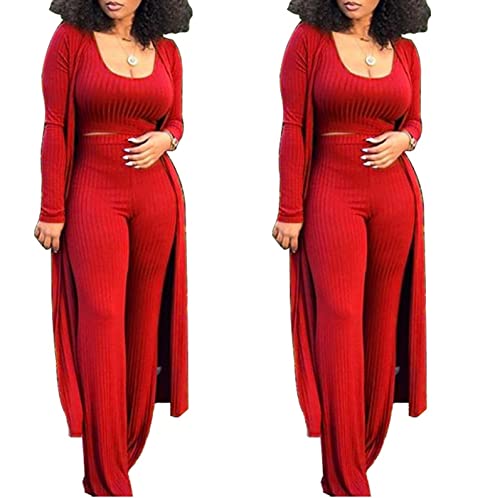 Image of Women's 2 Piece Outfits Set Ribbed Short Sleeve Casual Crop Top Wide Leg Pants Suit Set