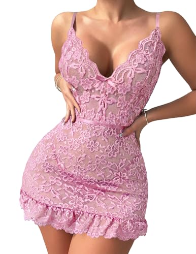 Image of Girece Sexy Lingerie for Women Babydoll Lingerie Dress Lace Chemise Nightgown with Adjustable Straps, Ruffle Hem G String