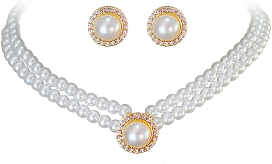 Parure De Bijoux De Mariage Fashband - Collier Et Boucles D'oreilles Perles Dorées - Cadeau Femme