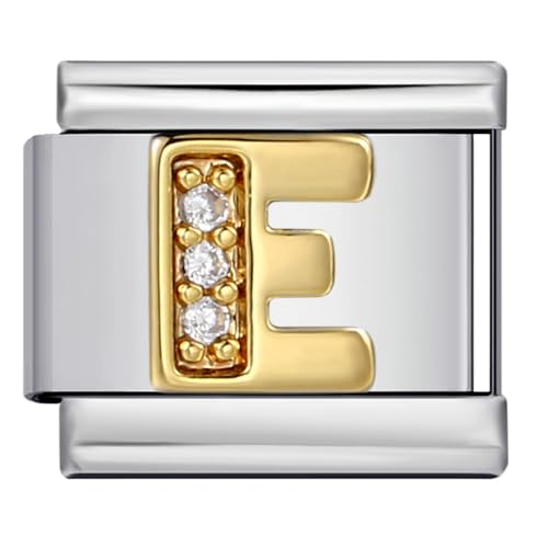 Mon & Sons E Crystal 18k Letter Initial Name Tag Alphabet Personalised Birthday Silver Italian 9mm Link Stainless Steel Bracelet Charm Compatible With 9mm Link
