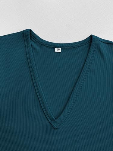 Image of Albe Rita Women Short Sleeve T-Shirt Cap V Neck Shirts for Women Ribbed Casual Top Knit Slim Fit for Summer