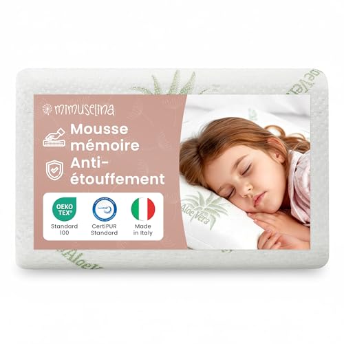 MIMUSELINA Oreiller Memoire Forme 50x30x5,5 cm pour Bébé et Enfants | Oreiller Ergonomique et Anti-Étouffement | Petit Coussin Respirant et Hypoallergénique | Housse Aloe Vera Amovible et Lavable