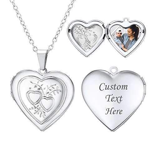 U7 Women Locket Necklace Platinum 14K Gold Photo Lockets that Hold Picture,Chain 20 Inch Personalized Gift Custom Love Heart Image Necklaces 03# Plati