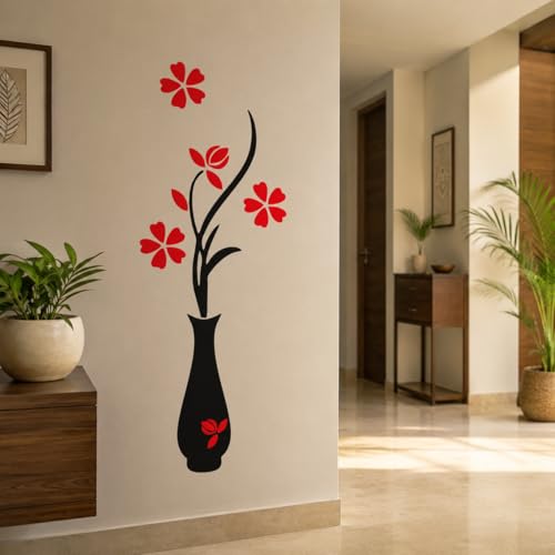 Image of DreamKraft Flower Pots Wall Sticker for Home Decor, Drawing Hall, Living Room Decor (Black & Red, PVC Vinyl)