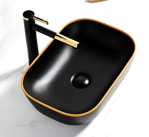 Image of OSOSAM Premium Designer Table Top Ceramic Wash Basin /Vessel Sink with Slim Rim for Bathroom (18 x 13 x 5.5 Inch) (Matte Black)