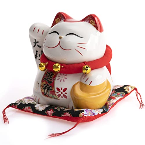 lachineuse - Statuette Chat Japonais - Tirelire Maneki Neko - Chat Porte Bonheur - Spécial Fortune - Motifs Japonais - en Porcelaine - 12x13x11 cm - Coloris...