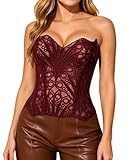 Bistonny Corset Tops for Women Lace Up Overbust Bustier Sexy Floral Lace Waist Cincher Going Out Club Party Y2K Tops Burgundy Medium