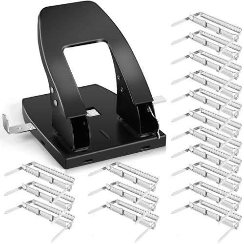 2 Hole Punch with 100 Prong Paper Fastener Heavy Duty Paper Two Hole Punchers for Paper File Folder Binder, Padded Handle, 30 Sheet Capacity, Black