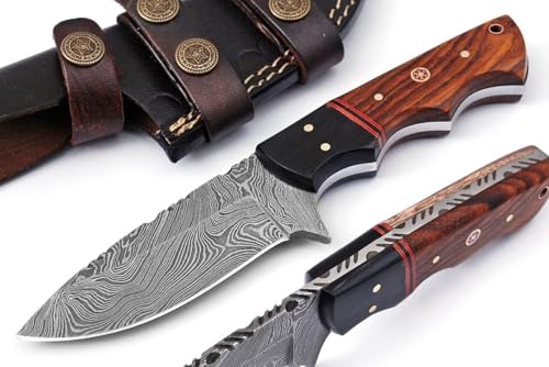 Custom Handmade Fixed Blade Hunting Damascus Knife - 8 Inch hand Forged Full Tang Rose Wood & Micarta Handle Knives For Hunting