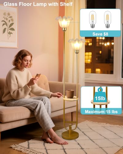 Image of Flower Floor Lamps with Table, 2-Lights Dimmable Floral Floor Lamp, 3000K Warmwhite Modern Floor Lamp, Vintage Gold Standing Lamp with 5Lbs Heavy Base for Living Room Bedroom Girls Room