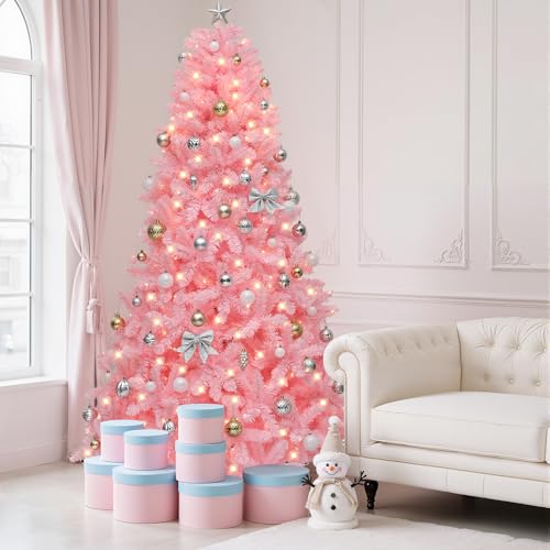YITAHOME 7.5 FT Prelit Pink Spruce Artificial Christmas Tree, Pink Hinged Christmas Tree with 1350 PVC Tips and 550 Warm-White Lights for Home, Office Decoration by YITAHOME - Used condition - US$45.73