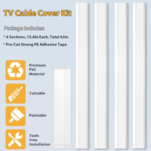 Image of ZhiYo 63in White Cord Cover, TV Cord Hider for Wall Mount, 1.5inW x 0.75inH | Fits 3-6 Cords, Portable Hinged Cover, Strong Adhesive Tape, Paintable Large Cable Management Raceway, 4 Pack (15.8in Each)