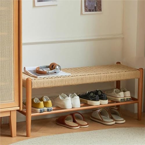 Banc de rangement meuble à chaussures rotin bois massif double couche