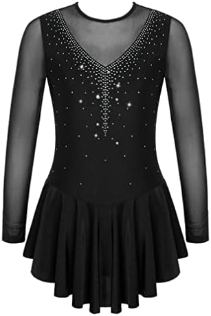 Agoky Kid Girls Shiny Figure Ice Skating Dress Long Sleeve Gymnastic Leotard Dress Roller Skater Ballet Dance Dress Dancewear Black 7-8 Years