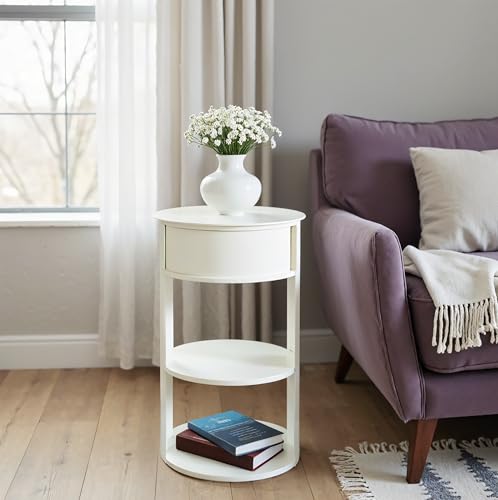 GDFStudio 3-Tier Modern Round Side Table with Sliding Door Storage,