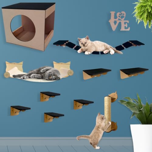 Playground para Gatos Gatificação Parede 10 peças Com Arranhador e Rede Suspensa