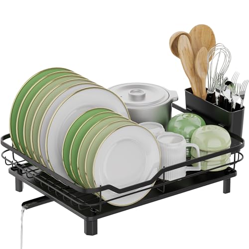 ROTTOGOON Égouttoir à Vaisselle Peu encombrant avec Porte-Couverts - Support pour ustensiles de Cuisine - Convient pour Plateau de Cuisine - Noir