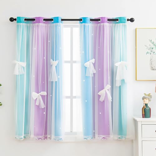 Image of Yancorp Kids Princess Curtains for Girls Bedroom - Star Design With Tieback & 3 Bowties - Purple Teal Blue, W34 X L63 Inches, 1 Panel