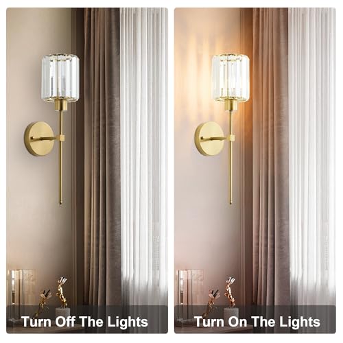 Image of KARTOOSH Hardwired Crystal Wall Sconces Set of 2 | 20.1 Inch Brass Wall Lights Dimmable 3000K Warm White Wall Lamps for Hallway, Bathroom, Living Room, Bedroom