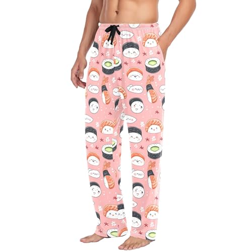 Men's Sushi Kawaii Pattern Pajama Pants with Pockets - Straight Fit Cotton Sleep Bottoms for Lounge & Nightwear#8804