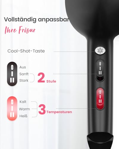 Dekuri Föhn Ionen, Profi Fön Haartrockner Hair Dryer Haarföhn mit 1 Diffusor 2 Stylingdüse, 3 Heiz und 2 Geschwindigkeitsstufen, 1,9 Meter langes Netzkabel (Anthrazit) 6