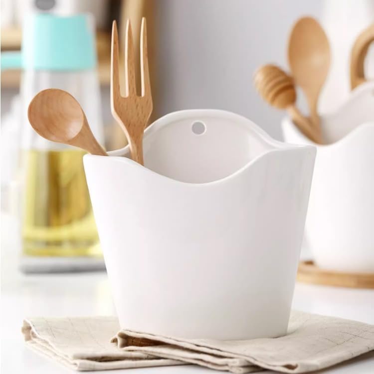 キッチン用品ホルダー セラミック食器ホルダー、スプーン、箸、フォーク収納ラック、竹ベース付き、吊り下げ食器クロックスキッチンデスクト