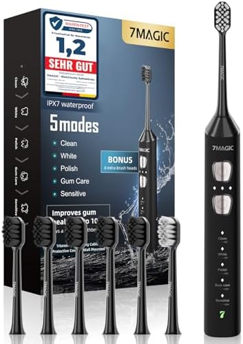 Brosse à Dent Électrique, Brosse a Dent Sonique, Brosse a Dent Electrique - 3 Intensités 5 Modes, 40000VPM, IPX7, Brosse à Dents Électrique Ultrasoniques Autonomie de Batterie de 180 Jours, Noir