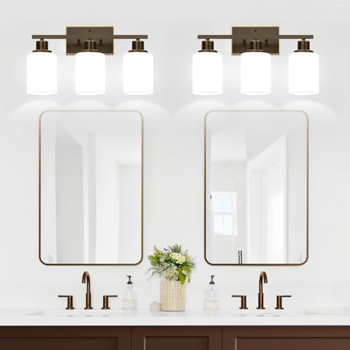 Image of 3-Light Bathroom Light Fixtures, Vanity Light with Milky White Shades, Oil-Rubbed Bronze Bathroom Light Fixtures Over Mirror, Modern Bathroom Wall Lamp for Mirror Living Room Cabinet Bedroom
