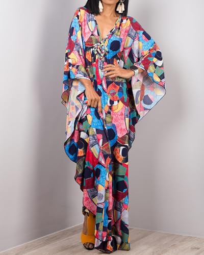 Bsubseach Women Print Beach Kaftan Dress Short Sleeve Plus Size Bathing Suit Cover Ups