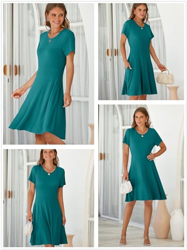 Image of Newshows Womens 2025 Summer Dresses Short Sleeve Ribbed Knit A-Line Swing Beach Vacation Outfits Casual Sundress with Pockets
