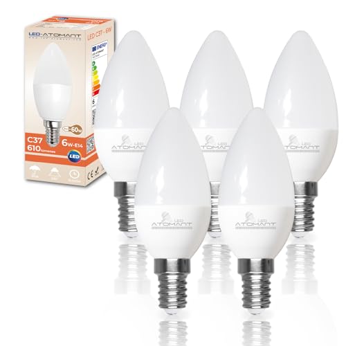 LED ATOMANT Pack 5x Bombilla LED E14 Vela C37 6W, Color Blanco Frio, 610 Lumenes, Casquillo fino, Equivalente a 60W tradicional