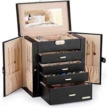 Homde Mothers Day Gifts Synthetic Leather Huge Jewelry Box Mirrored Watch Organizer Necklace Ring Earring Storage Lockable Gift Case Black + Gold