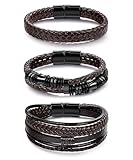 REVOLIA 3Pcs Black Leather Bracelets for Men Women Braided Leather Wristband Cuff Bracelets Multi-Layer Braided Leather Bracelets Set Brown 9 Inch