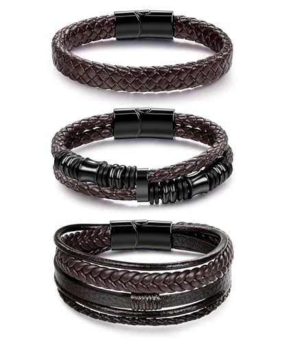 REVOLIA 3Pcs Black Leather Bracelets for Men Women Braided Leather Wristband Cuff Bracelets Multi-Layer Braided Leather Bracelets Set Brown 9 Inch