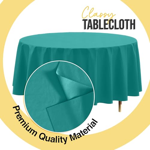Image of Exquisite Teal Round Tablecloth 84 inch - 48 Pack | Plastic Tablecloth, Disposable Table Covers Round for Parties, Weddings, Holidays & Party Supplies