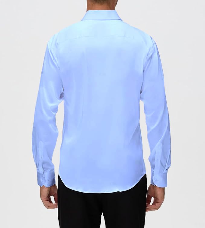 Image of CB-COLEBROOK Mens Stylish Solid Silk Satin Casual Dress Shirts for Men Shiny Long Sleeve Button Down Shirt Party Prom Wedding Shirt for Mens