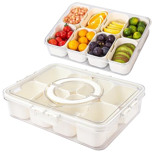 Divided Serving Tray with Lid,Portable Fruit Box,Snack Container,Reusable Fruit and Vegetable Tray,Snack Serving Tray with 8 Compartments For Parties,Hiking,Camping,Fruits,Nuts,Candies,Cookies,Snacks