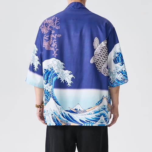 Image of PRIJOUHE Men's Lightweight Kimono Jacket Seven Sleeve Open Front Cardigan Coat Japanese Style Bathrobe