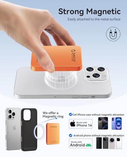 Image of ORICO 1TB Magnetic External SSD, Aluminum Alloy, Up to 460MB /s, External Solid State Drive, Expand Storage for iPhone 17 Pro Max, Compatible w /MagSafe, USB-C Smartphones - K5MINI Orange