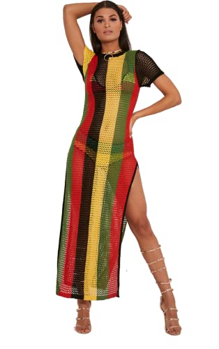 100% Cotton Ladies Rasta Maxi Jamaican Work String Dress Multicoloured Hip Hop Dance Club Dress Beach Swimsuit Cover up (US, Alpha, Small, Medium, Regular, Regular, Rasta)