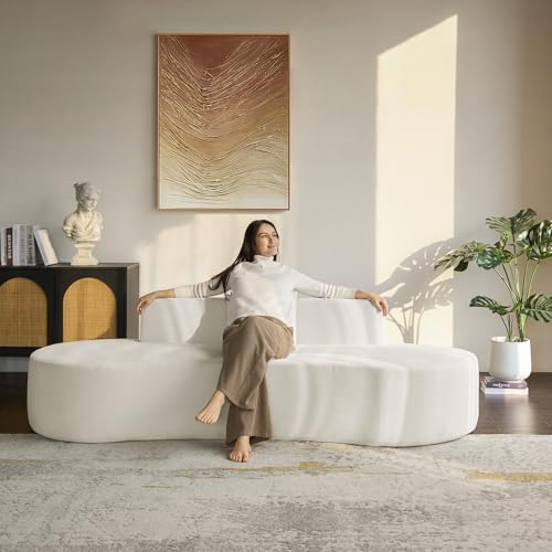 94.5' Boneless Sofa with 2 Pillows, 3 Seater Compressed Foam Sofa with Half Moon Design & Deep Seat, No Assembly Required, Modern Cloud Couch for Living Room, Ivory