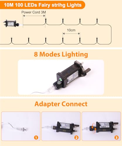 10M 100 LED Fairy Lights Plug In, Warm White String Lights with Remote, 8 Modes 3 Timers 4 Brightness, IP44 Waterproof Mains Powered Indoor Outdoor Christmas Fairy Lights for Bedroom Garden Decor - Image 4