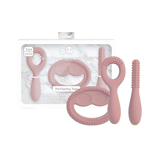 Image of ezpz Oral Development Tools (3 Pack in Blush) - 3 Months+ - Non-Slip Loop, Smile and Stick 100% Silicone Tools - Prepare for Chewing + Solids - Baby-Led Weaning Supplies