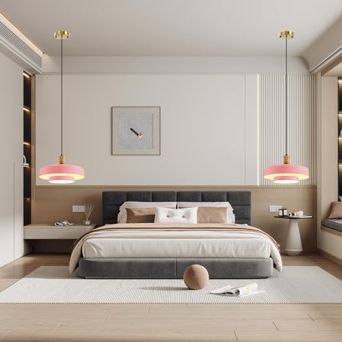 Image of Pink 2 Tier Saucer Hanging Pendant Lamp Adjustable Ceiling Fixture | Solid Wood Pendant Light, Gold Canopy, 150cm Adjustable Cord, E26, Fits Flat /Sloped /Arched Ceilings for Kitchen Island
